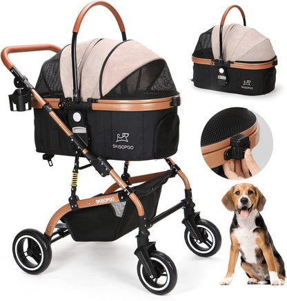 3-In-1 Pet Strollers for Small Medium Dogs Cat with Detachable Carrier Foldable Travel 