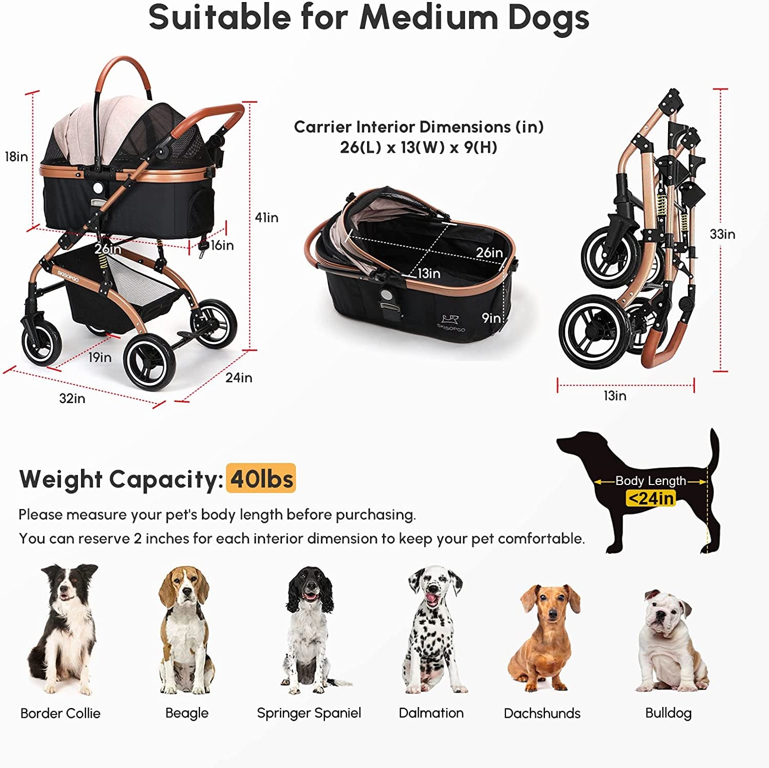 3-In-1 Pet Strollers for Small Medium Dogs Cat with Detachable Carrier Foldable Travel 