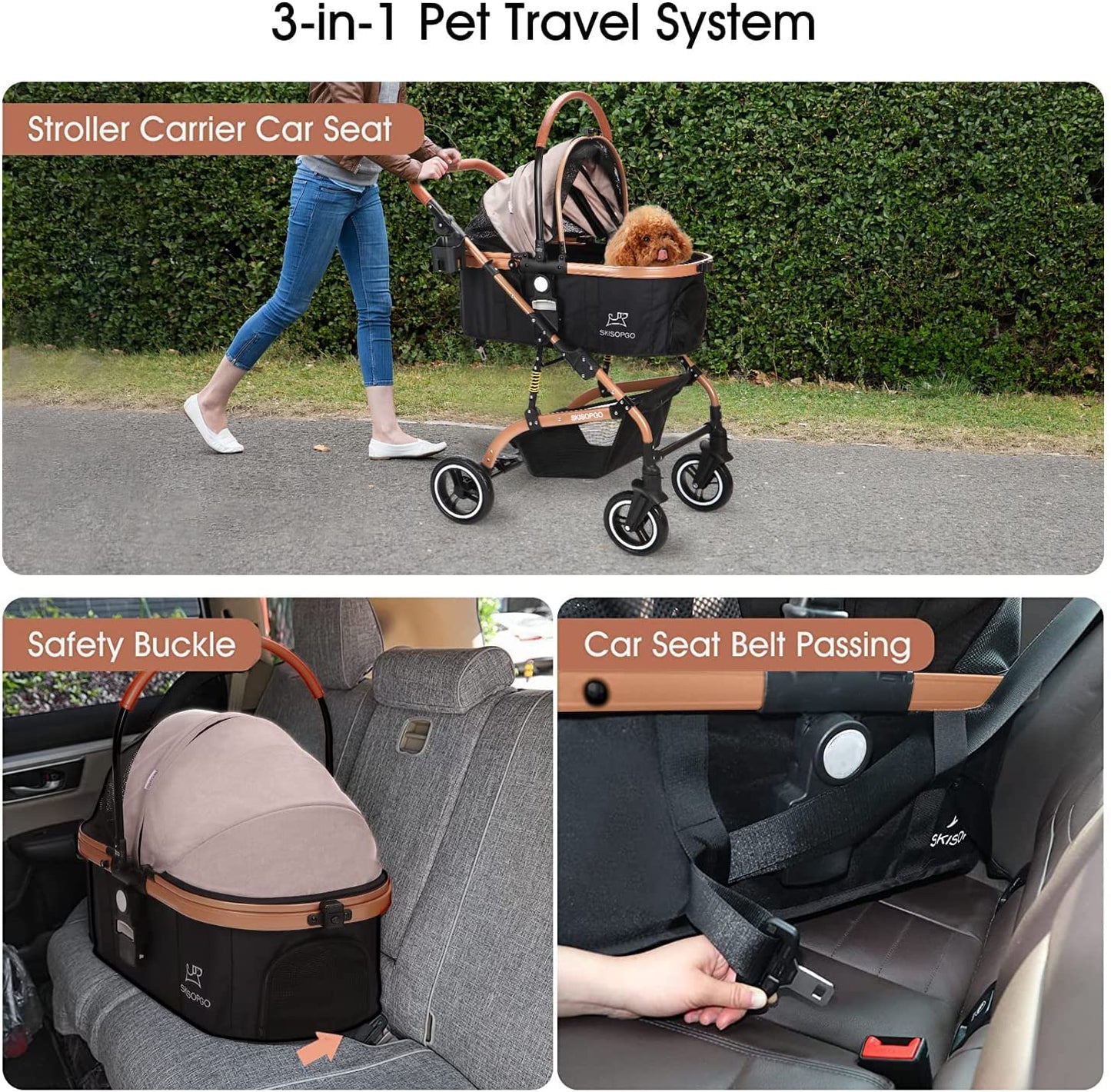 3-In-1 Pet Strollers for Small Medium Dogs Cat with Detachable Carrier Foldable Travel 